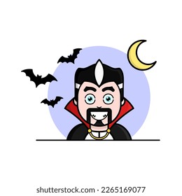 Creatures of the night and halloween themed cartoon style vector representing a male vampire wearing a cape with bats and a crescent moon