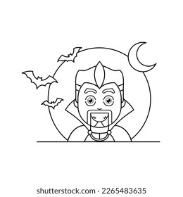 Creatures the night   halloween themed cartoon style vector drawing for kids representing male vampire wearing cape and bats   crescent moon