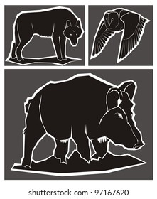 Creatures of the night - wild boar, night owl and a wolf / black and white vector illustration set