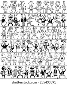 CREATURES people funny caricatures graphic simple figures pattern black white happy faces men women cartoon characters