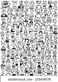 CREATURES people funny caricatures graphic simple figures pattern black white happy faces cartoon characters men women