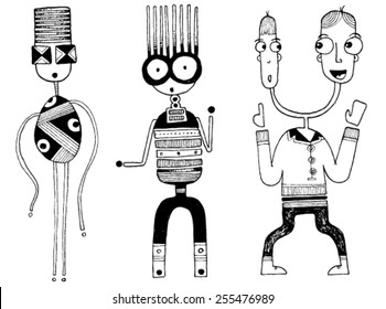 CREATURES people funny caricatures graphic simple figures cartoon glasses two heads smile big eyes