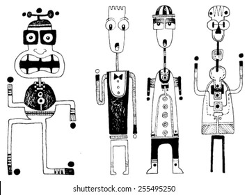 CREATURES people funny caricatures graphic simple figures cartoon dance big mouth teeth hat wonder surprise silly