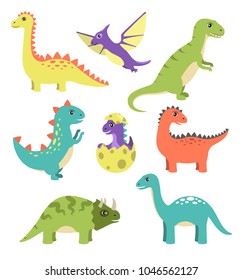 Creatures types of dinosaurs, dinosaurs with spikes, wigs and long tails, egg and small dinosaur vector illustration isolated on white background