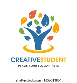 Creatve student with leaf vector logo template. This design is colorful and suitable for education