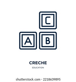 icono de creche de la colección de educación. Creche lineal delgado, niño, icono de contorno de cristiandad aislado en fondo blanco. Signo de creche vectorial de línea, símbolo para web y móvil