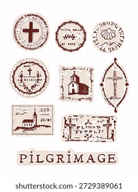 O cancelamento da credencial marca o design genérico para o anúncio de viagem de peregrinação. Mão desenhada isolada editável passport proof.Ttravel selo operador turístico promocional motivo de design gráfico para rota de peregrino