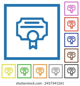Credential outline flat color icons in square frames on white background