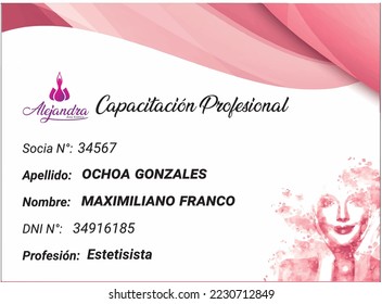 credencial para imprimir una estética. Traducción: "formación profesional", a continuación: "Socio N°","Apellido: Ochoa Gonzales", "Nombre: Maximiliano Franco", "DNI N°: 34916185", Profesión: Esteticista"