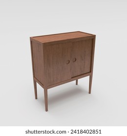 The credenza and small wooden table are illustrated on a white background