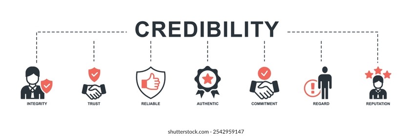 Credibility banner web icon glyph color style vector illustration concept with icon of integrity, trust, reliable, authentic, commitment, regard, and reputation