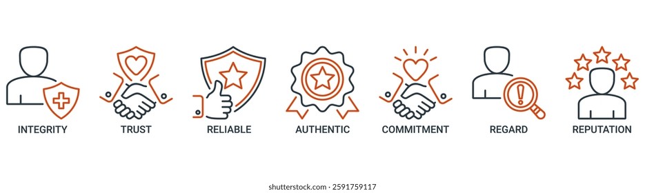 Credibility banner web icon set vector illustration concept with icon of integrity, trust, reliable, authentic, commitment, regard, and reputation icons. Outline symbol background.