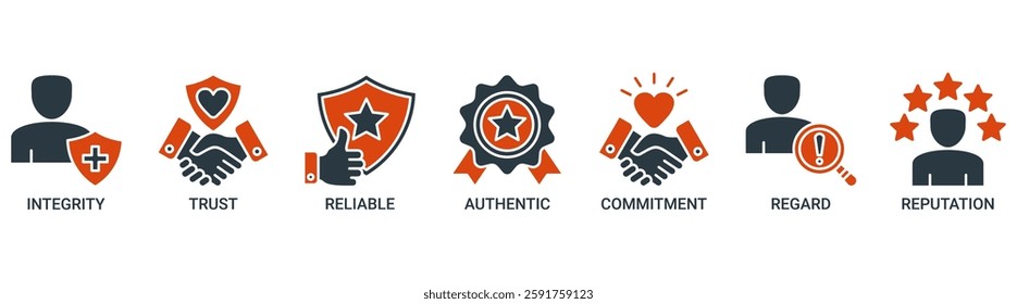 Credibility banner web icon set vector illustration concept with icon of integrity, trust, reliable, authentic, commitment, regard, and reputation icons. Solid color symbol background.