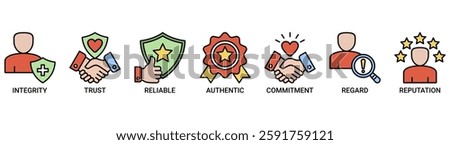 Credibility banner web icon set vector illustration concept with icon of integrity, trust, reliable, authentic, commitment, regard, and reputation icons. Outline color symbol background.