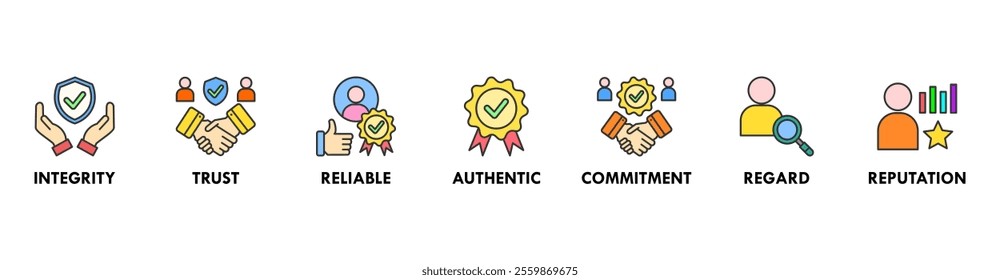 Credibility banner web icon vector illustration concept with icon of integrity, trust, reliable, authentic, commitment, regard, and reputation