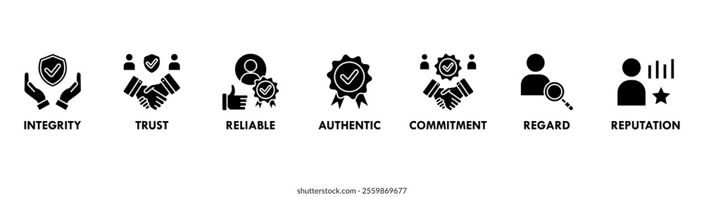 Credibility banner web icon vector illustration concept with icon of integrity, trust, reliable, authentic, commitment, regard, and reputation