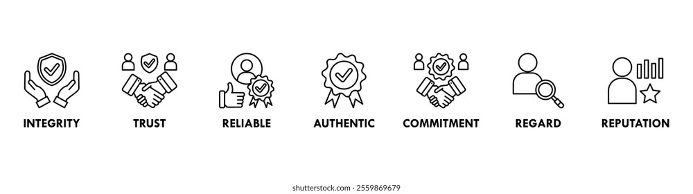 Credibility banner web icon vector illustration concept with icon of integrity, trust, reliable, authentic, commitment, regard, and reputation