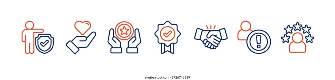 Concepto de Ilustración vectorial del icono del Web del Anuncio de la credibilidad con la integridad, la confianza, la confiabilidad, la autenticidad, el compromiso, la atención y los iconos de la reputación
