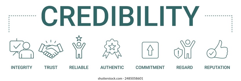 Credibility concept banner icon contain of integrity, trust, reliable, authentic, commitment, regard, and reputation vector illustration