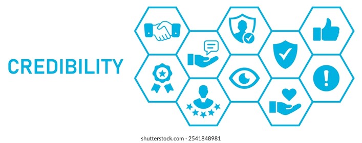 Credibility concept banner web icons. vector illustration concept. with icons of integrity, trust, reliable, authentic, commitment, regard, reputation, on white background. blue setting design