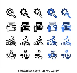 Credibilidade, expectativa, eficiência, atenção, conjunto de ícones de vários estilos.