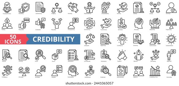 Conjunto de colección de iconos de credibilidad. Icono de fiabilidad, fiabilidad, autenticidad, integridad, honestidad, fiabilidad, responsabilidad. Vector de línea simple.