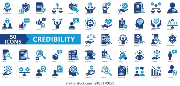 Conjunto de colecciones de iconos de credibilidad. Icono de fiabilidad, fiabilidad, autenticidad, integridad, honestidad, fiabilidad, responsabilidad. Sencillo Vector plano.