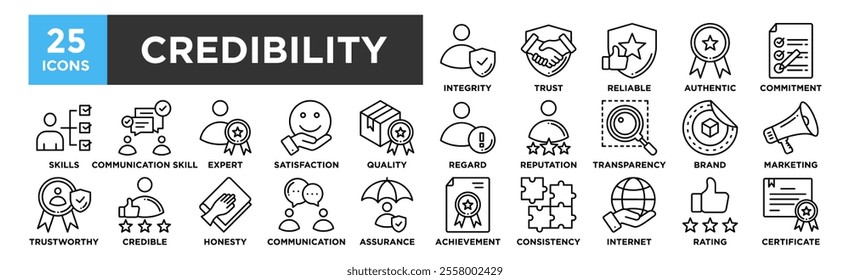 Credibility icon collection set. Containing design Integrity, Trust, Reliable, Authentic, Commitment