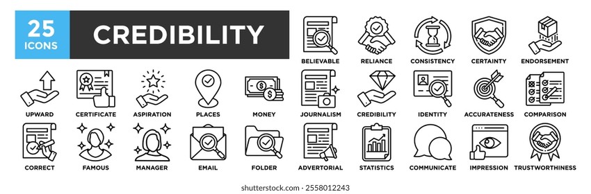 Credibility icon collection set. Containing design Believable, Reliance, Consistency, Certainty, Endorsement