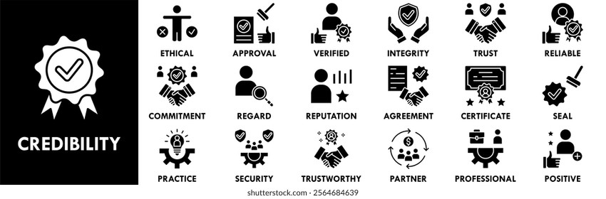 Credibility icon collection set. Containing design trust, business, credibility, success, reputation