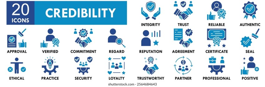 Credibility icon collection set. Containing design trust, business, credibility, success, reputation
