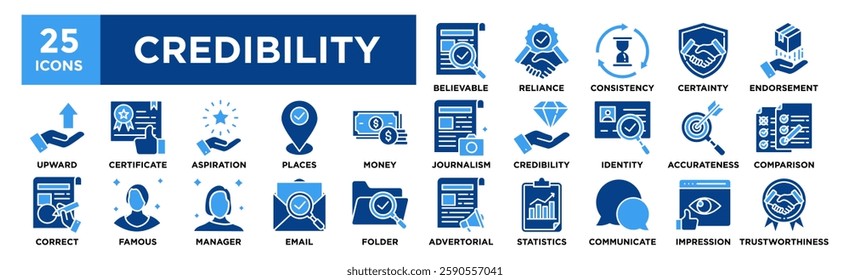 Credibility icon collection set. Containing design Believable, Reliance, Consistency, Certainty, Endorsement	