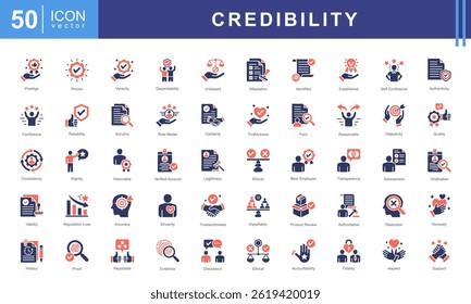 Credibility icon collection set. Containing trustworthiness, reliability, authenticity, integrity, honesty, dependability, accountability icon.