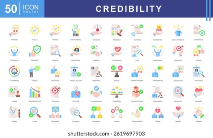 Credibility icon collection set. Containing trustworthiness, reliability, authenticity, integrity, honesty, dependability, accountability icon.
