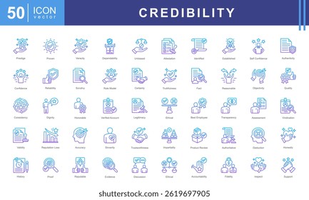 Credibility icon collection set. Containing trustworthiness, reliability, authenticity, integrity, honesty, dependability, accountability icon.