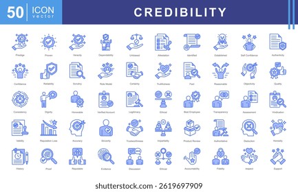 Credibility icon collection set. Containing trustworthiness, reliability, authenticity, integrity, honesty, dependability, accountability icon.
