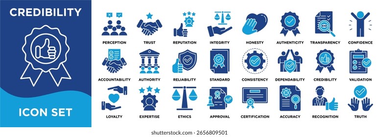 Conjunto de colecciones de iconos de CREDIBILIDAD. Contiene credibilidad, confianza, reputación, integridad, honestidad, autenticidad, transparencia, ética, rendición de cuentas, ícono de lealtad. Vector de doble tono.