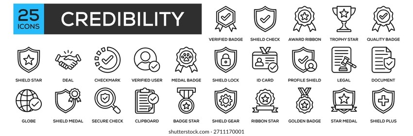 Sammlungssatz des Vertraulichkeitssymbols. Enthaltend Design Verified Badge, Shield Check, Award Ribbon, Trophy Star, Quality Badge
