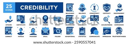 Credibility icon collection set. Containing design Believable, Reliance, Consistency, Certainty, Endorsement	