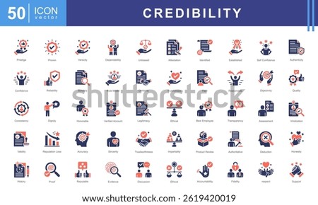 Credibility icon collection set. Containing trustworthiness, reliability, authenticity, integrity, honesty, dependability, accountability icon.