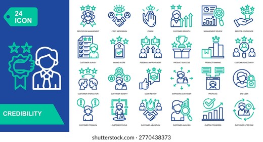 Credibility icon collection set. Reputation Management,First Impression,Praise,Customer Growth. Line Color vector icons.