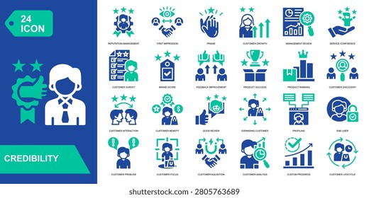 Credibility icon collection set. Reputation Management,First Impression,Praise,Customer Growth. Glyph Color vector icons