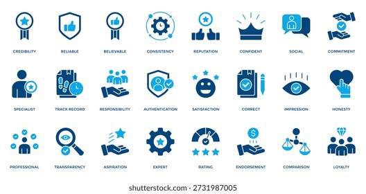 Conjunto de iconos de credibilidad. Contiene confiable, creíble, consistencia, reputación, registro de pista, profesional, icono de lealtad. Estilo Dual Tone