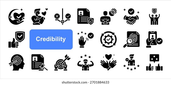 Ícone de credibilidade definido com honestidade, ética, transparência, confiabilidade, responsabilidade, precisão, reputação vetor simples.
