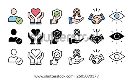 CREDIBILITY icon set with multiple style integrity, trust, reliable, authentic, commitment, regard, and reputation 