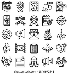 Credibility icons set. Outline set of credibility vector icons for web design isolated on white background