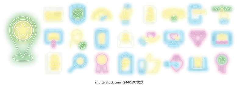 Credibility icons set outline vector. Business adevertisement. Communication motivation neon color isolated