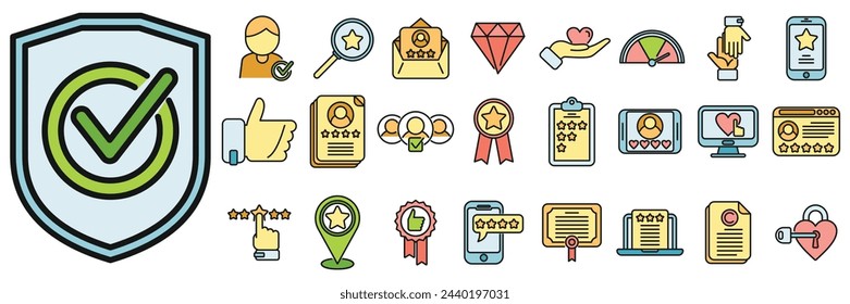 Credibility icons set outline vector. Business adevertisement. Communication motivation thin line color flat isolated