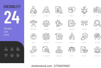
Línea de credibilidad Conjunto de iconos editables. Ilustración vectorial en estilo delgado moderno de iconos relacionados con los negocios: confianza, honestidad, integridad y más. Aislado sobre fondo transparente.
