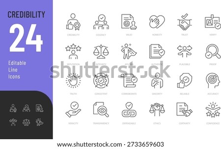 
Credibility Line Editable Icons set. Vector illustration in modern thin style of business related icons: trust, honesty, integrity, and more. Isolated on transparent background.
